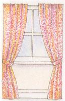 Близько вузького вікна довгі штори, підв'язані на рівні підвіконня, плавно звисають вище подхватов, а нижче драпіруються складками