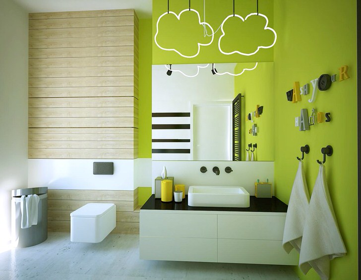 Салатовий ванна кімната рідше зустрічається стилі вінтаж, однак при поєднанні з декоративним розписом на шафках, тумбочками на різьблених ніжках і мідної сантехнікою утворюється гармонійний тандем кольору і стилю